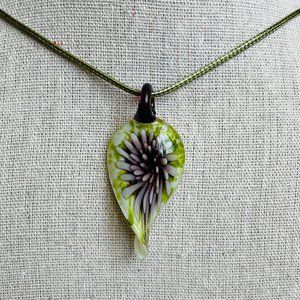 Artisan Lampwork Floral Glass Pendant Green Purple 2 2/8” Cord Necklace 18 ext
